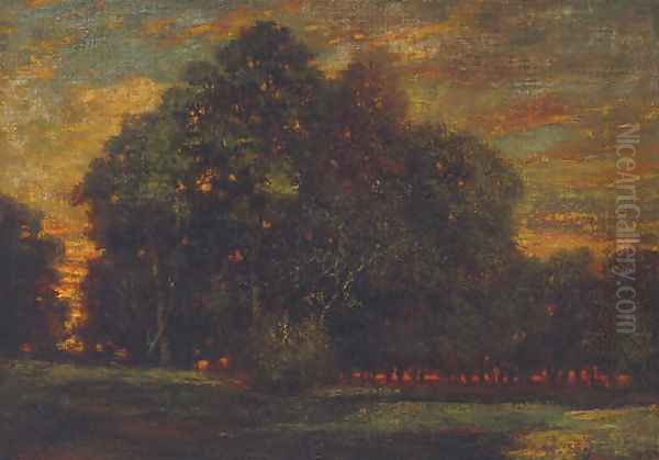 Coucher de soleil au Cuvier-Chatillon Oil Painting by Theodore Rousseau