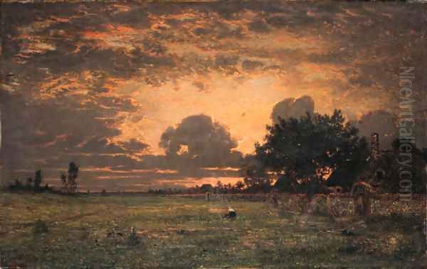 Sunset over the Plain of Barbizon Oil Painting by Theodore Rousseau