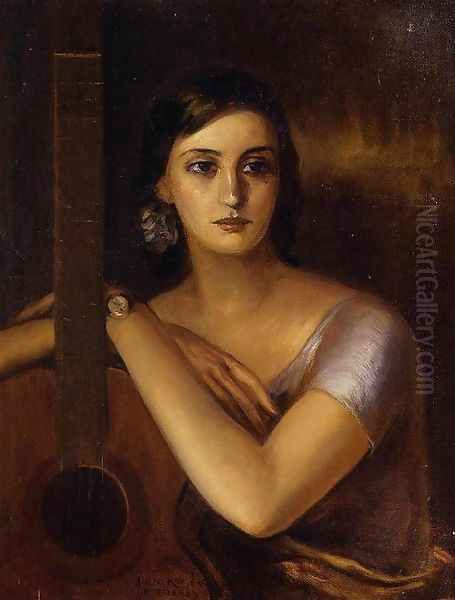 Woman with a Guitar Oil Painting by Julio de Romero de Torres