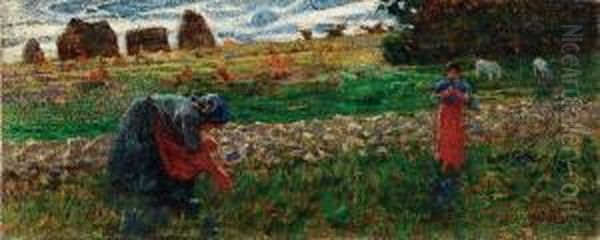 Paesaggio Con Figure - Leortolane Oil Painting by Plinio Nomellini