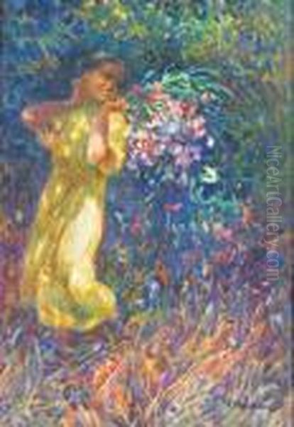 Fanciulla Con Fiori Oil Painting by Plinio Nomellini