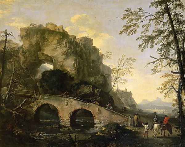 Landscape with a dilapidated bridge Oil Painting by Salvator Rosa