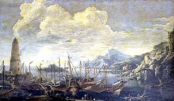 Harbour with Lighthouse and Ships Oil Painting by Salvator Rosa