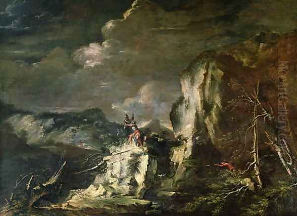 Rocky Landscape with a Huntsman and Warriors Oil Painting by Salvator Rosa