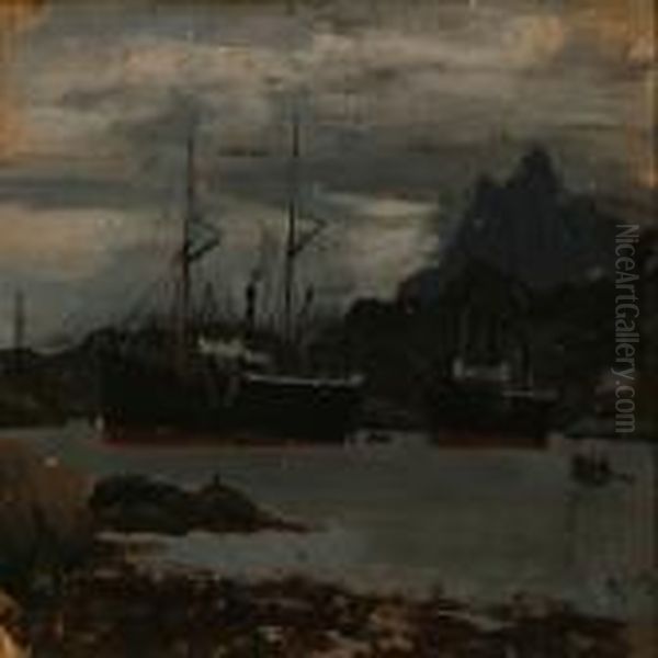 Loch Scene With Moored Steamers Oil Painting by Adelsteen Normann