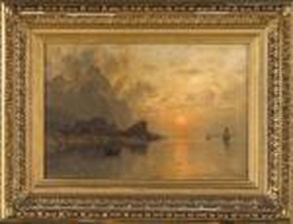 Coucher De Soleil Sur Le Lac Anime Par Des Pecheurs Oil Painting by Adelsteen Normann