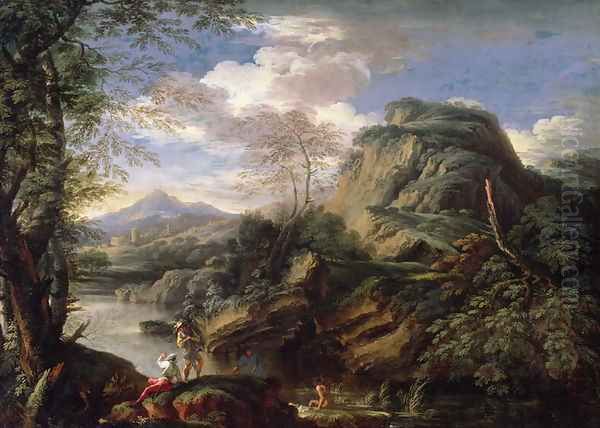 Mountain Landscape with Figures and a Man Bathing Oil Painting by Salvator Rosa