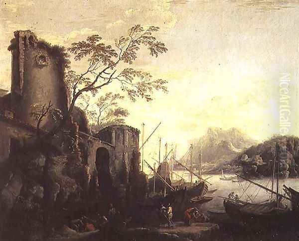 River landscape with boats and ruins Oil Painting by Salvator Rosa