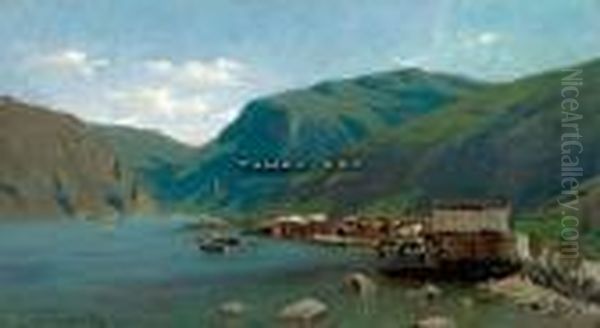 Folkeliv I Fjorden Olje Pa Lerret Oil Painting by Adelsteen Normann