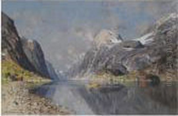 Roing Pa Fjorden (rowing On The Fjord) Oil Painting by Adelsteen Normann