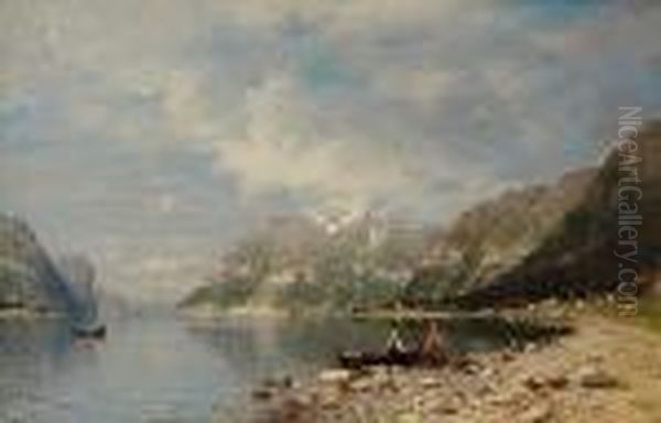 Fjord Landscape Withfishermen 1878 Oil Painting by Adelsteen Normann