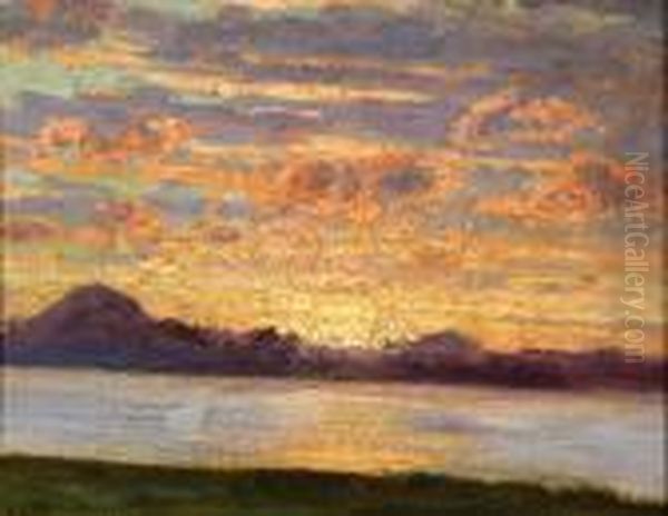 Lake With Setting Sun Oil Painting by Adelsteen Normann