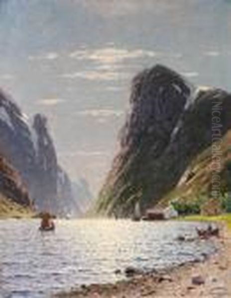 Fjordparti Olje Pa Lerret Oil Painting by Adelsteen Normann