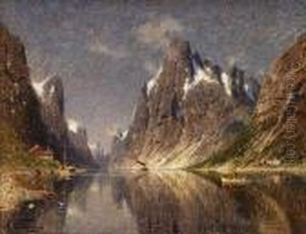 Fjordparti Med Dampbat Olje Pa Lerret Oil Painting by Adelsteen Normann