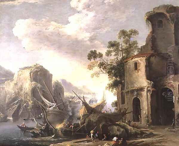 View of a Bay Oil Painting by Salvator Rosa