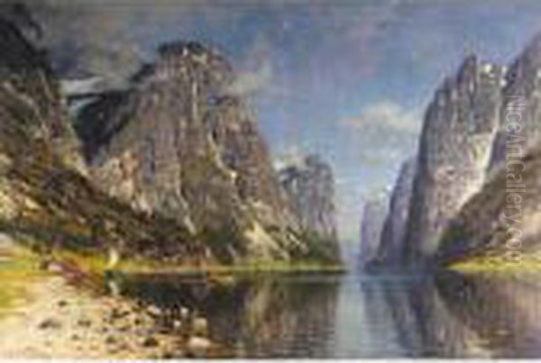 Bater Pa Fjorden (boats In A Fjord) Oil Painting by Adelsteen Normann