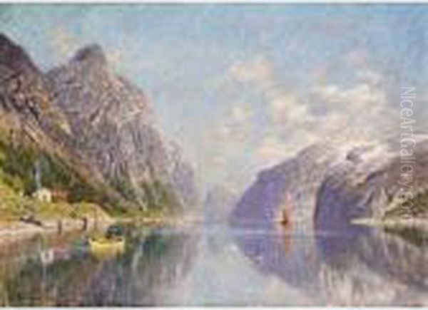 Roing Pa Fjorden (rowing On A Fjord) Oil Painting by Adelsteen Normann