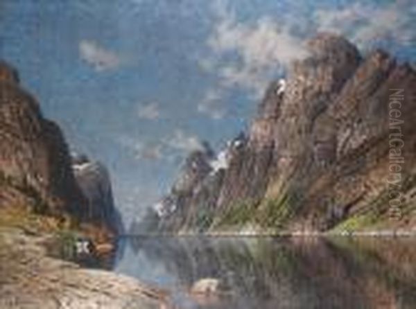 Boats In A Fjord Landscape Oil Painting by Adelsteen Normann