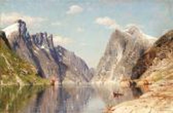 Norwegian Fjord Landscape Oil Painting by Adelsteen Normann