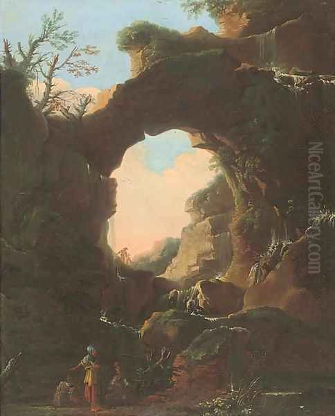 A grotto with a waterfall, figures conversing in the foreground Oil Painting by Salvator Rosa