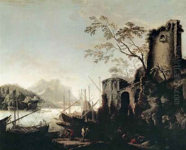 Marine Landscape with Towers Oil Painting by Salvator Rosa