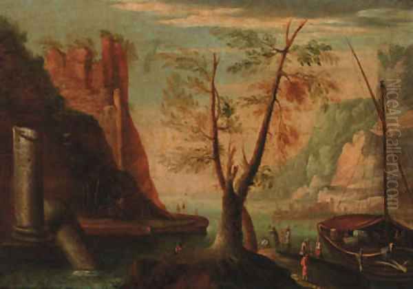 A coastal inlet with figures by a moored boat, a hilltop ruin beyond Oil Painting by Salvator Rosa