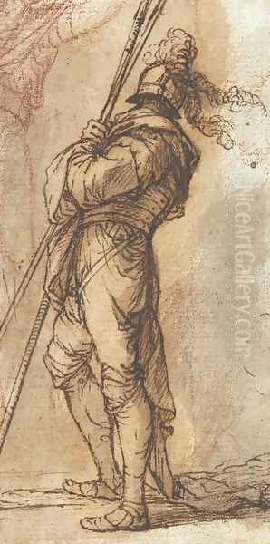 A warrior standing, holding two lances, and a subsidiary study of a young man with his arm raised Oil Painting by Salvator Rosa