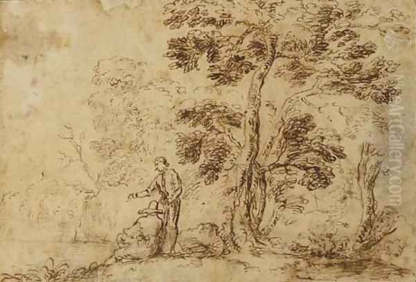 Two figures by a tree near a river Oil Painting by Salvator Rosa