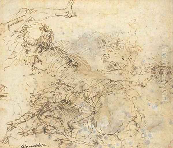 A figure falling from a horse and studies of heads Oil Painting by Salvator Rosa