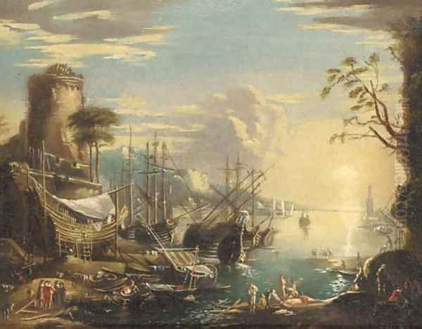 A Mediteranean coastal inlet with shipping and bathers on the bank Oil Painting by Salvator Rosa