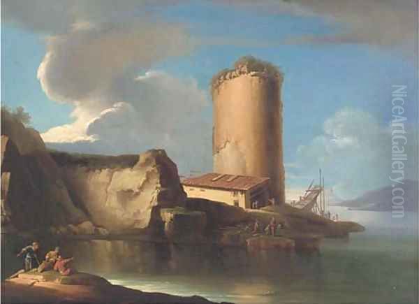 A Mediterranean costal inlet with a boatyard and a tower Oil Painting by Salvator Rosa