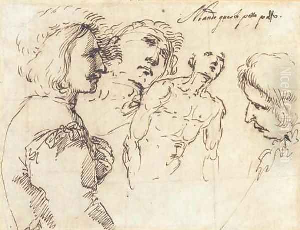 A young man, half-length, in a plumed hat, in profile to the right, with two studies of heads and another of a nude, half-length Oil Painting by Salvator Rosa