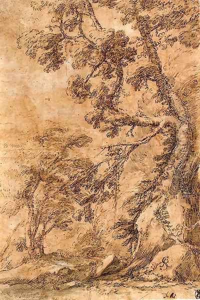 A figure lying by a tree below a cliff Oil Painting by Salvator Rosa