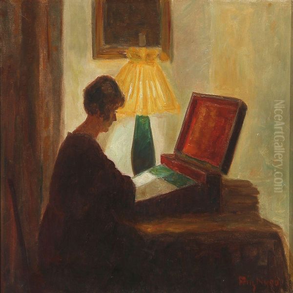 Interior With A Reading Woman Oil Painting by Poul Friis Nybo