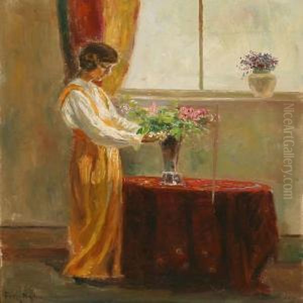 Interior With A Woman Decorating Flowers In A Vase Oil Painting by Poul Friis Nybo