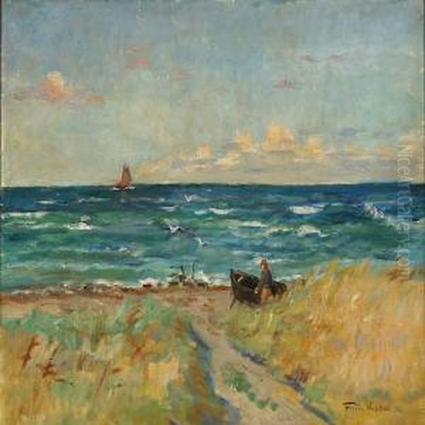 Coastal Scene From Skagen With A Fisherman Oil Painting by Poul Friis Nybo