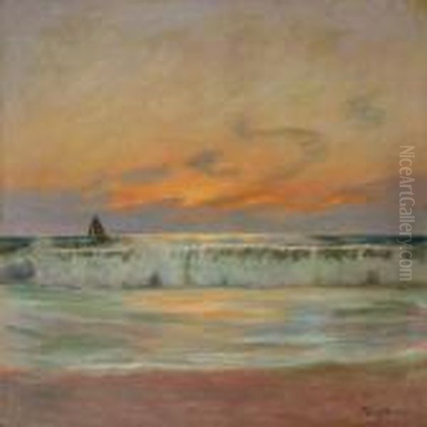 Breakers At Sunset Oil Painting by Poul Friis Nybo