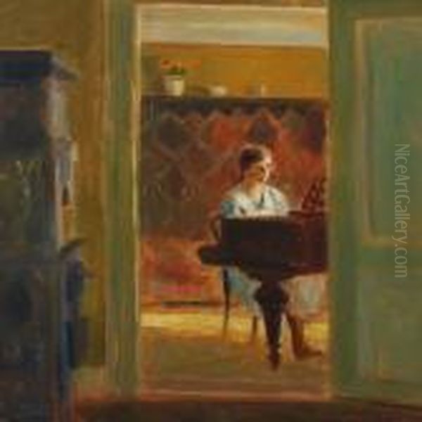 Interior With Woman By The Piano Oil Painting by Poul Friis Nybo