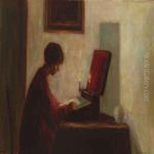 Interior With A Woman Reading Oil Painting by Poul Friis Nybo