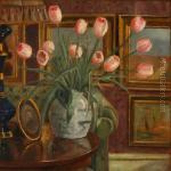 Interior With Tulips On A Table Oil Painting by Poul Friis Nybo