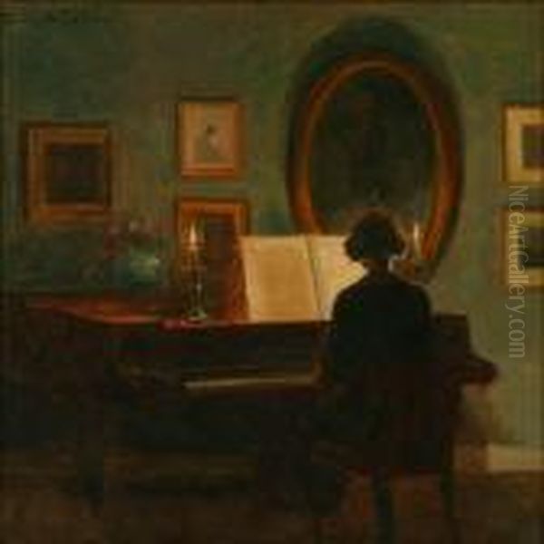 Interior With A Woman Playing Piano Oil Painting by Poul Friis Nybo