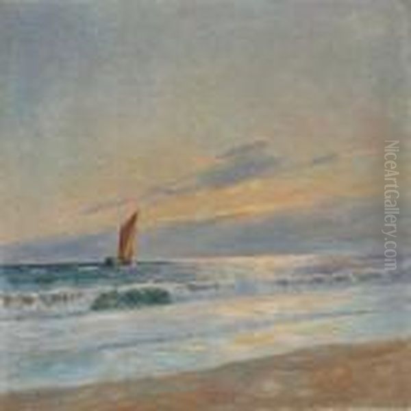 Seascape With Sailing Ship In The Sunset Oil Painting by Poul Friis Nybo