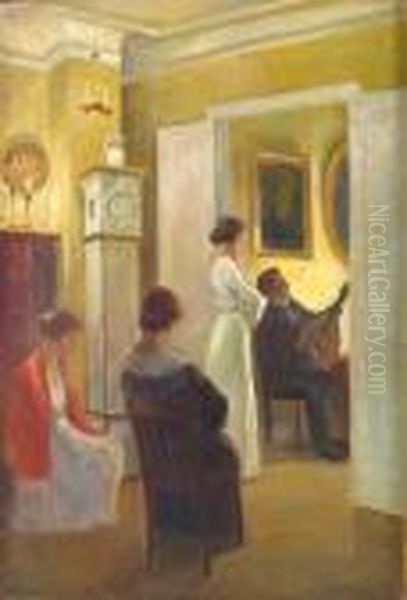 Interior Scene With Women And A Mandolin Player Oil Painting by Poul Friis Nybo