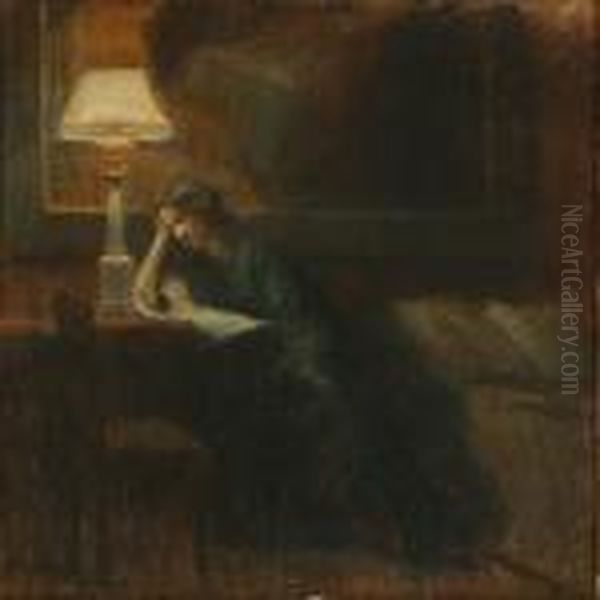 Drawing Roominterior With A Reading Woman Oil Painting by Poul Friis Nybo