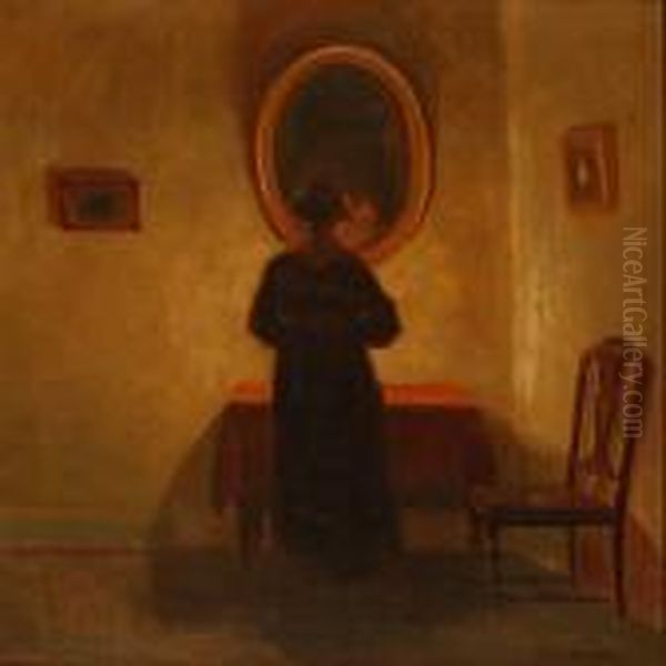 Interior With A Lady In Front Of A Mirror Oil Painting by Poul Friis Nybo