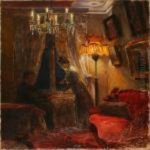 Interior With Acouple Oil Painting by Poul Friis Nybo