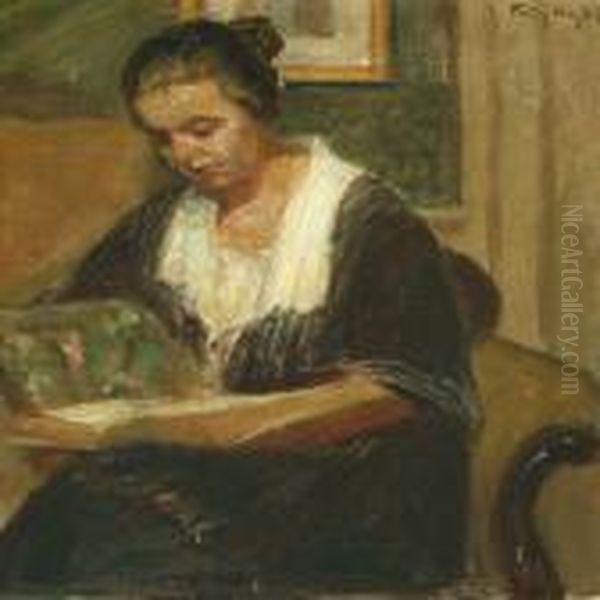 Interior With Readingwoman Oil Painting by Poul Friis Nybo