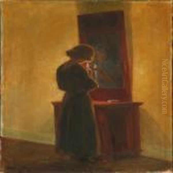 A Woman In Front Of Amirror Oil Painting by Poul Friis Nybo