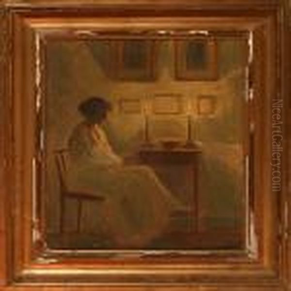 Interior With Awoman Oil Painting by Poul Friis Nybo