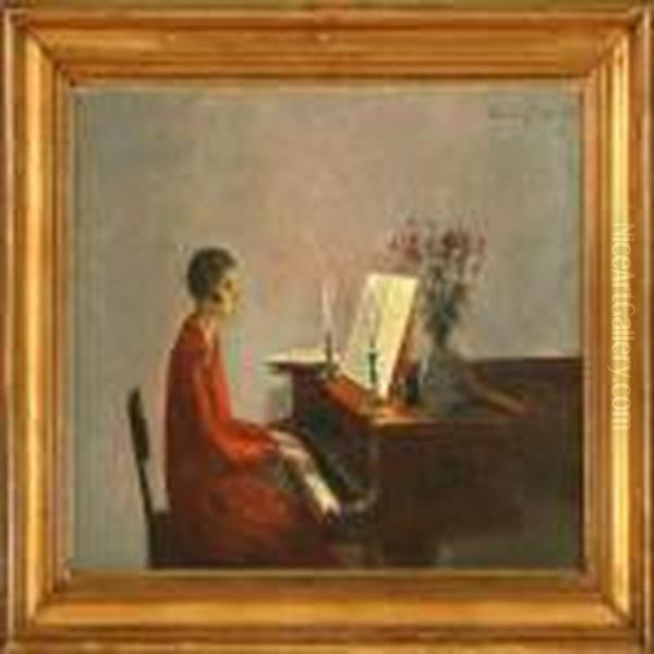 Interior With Woman Playing The Piano Oil Painting by Poul Friis Nybo